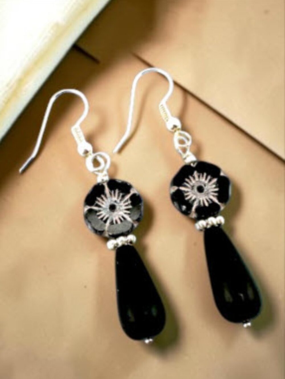 Black Czech Glass Hibiscus Flower Earrings Floral Teardrop Dangle